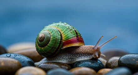 A colorful snail on wet pebbles
