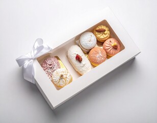 Gift dessert box display, top view, minimalist composition