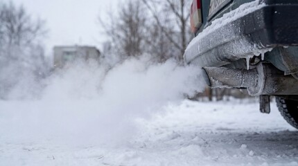 Close-up of a car exhaust pipe releasing thick white smoke on a cold winter day. The scene...