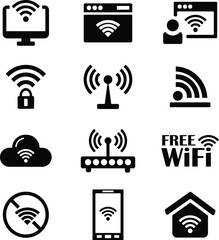 Wireless WiFi Internet Connection Network Icons Vector Set, Minimalist flat icons for web connectivity and network communication design projects.