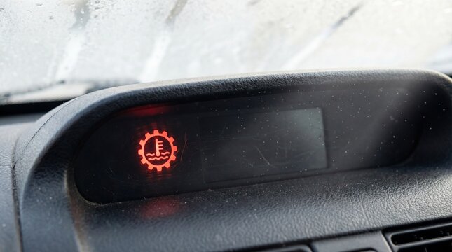 Close up of a red transmission warning light on a dusty car dashboard. Indicates mechanical failure or overheating issues. Useful for automotive repair and maintenance concepts.