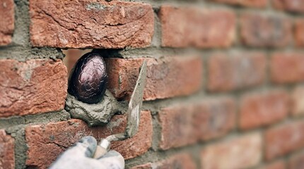 Hand inserting a decorative Easter egg into brick wall repair  