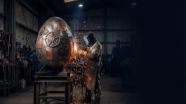 Metalworker crafting Easter egg sculpture in workshop with sparks   - Powered by Adobe