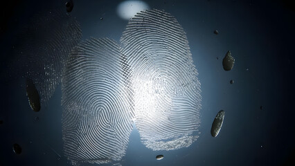 Close-up of two fingerprints on a dark surface with water droplets