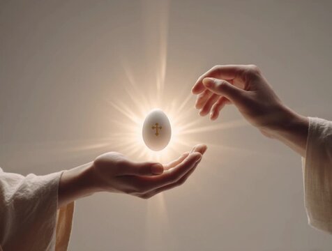 Easter egg with a shining cross above Jesus's hand