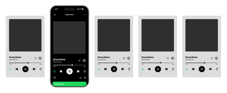 Spotify Mobile Music Player UI Mockup Showing iPhone Song Playback Screen Playlist Cards Progress Bar Shuffle Repeat Controls Dark Theme and Green Accent Streaming Interface
