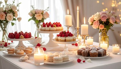 Luxury dessert table setup, candles and sweets, no people, romantic ambiance