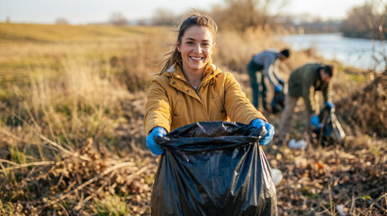 Young woman in yellow jacket smiles while holding a black trash bag during an outdoor cleanup event, surrounded by volunteers working to restore the natural environment