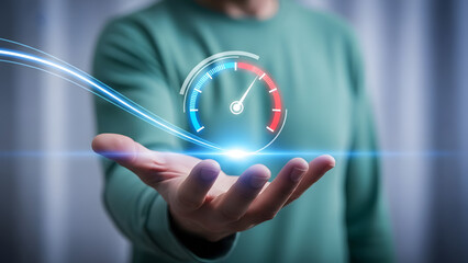Hand holding an illuminated digital speedometer, symbolizing high performance, rapid data transfer, and technological advancement in a dynamic business environment
