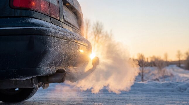 Car exhaust pipe emitting thick smoke in freezing winter sunset. Illustrates air pollution, global warming, and carbon emissions. Ideal for ecology and transport themes.