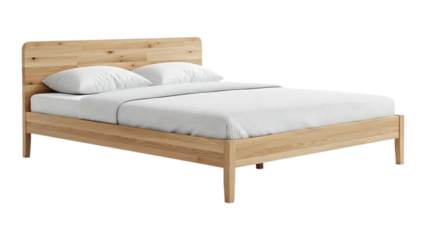 Modern oak wood bed frame with headboard and white bedding for serene bedroom decor inspiration on transparent background