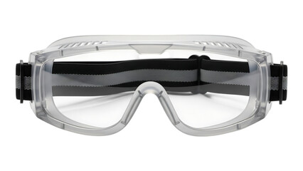 clear protective safety goggles with adjustable black strap and ventilation system for secure fit and comfort on transparent background