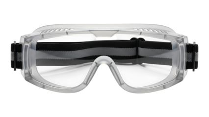 clear protective safety goggles with adjustable black strap and ventilation system for secure fit and comfort on transparent background