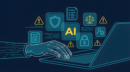 Futuristic robotic hand typing on laptop with floating security, document, and warning icons, digital technology concept.