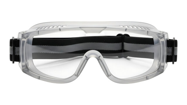 clear protective safety goggles with adjustable black strap and ventilation system for secure fit and comfort on transparent background