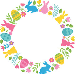 Easter wreath with bunnies and eggs on black background