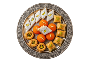 ornate silver platter with gulab jamun and baklava cubes for eid mubarak