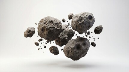 A cluster of realistic three dimensional rendered asteroids and space debris floating mysteriously against a clean bright white studio background symbolizing celestial danger or cosmic travel concepts