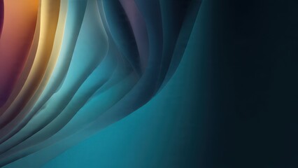 Abstract background with layered waves and smooth gradient transition from warm orange and yellow to deep teal and navy blue colors, 3D effect wallpaper