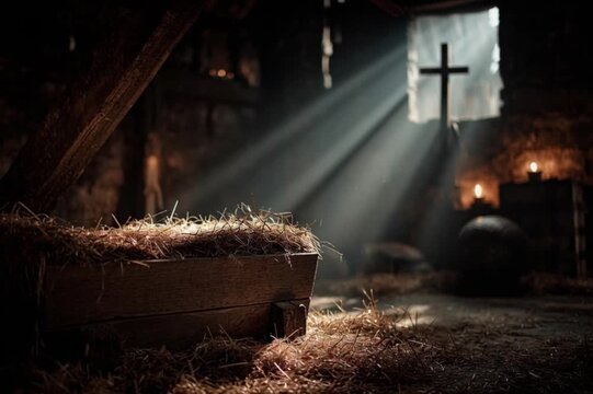 Empty nativity scene inside a rustic wooden stable at night, simple wooden manger filled with straw