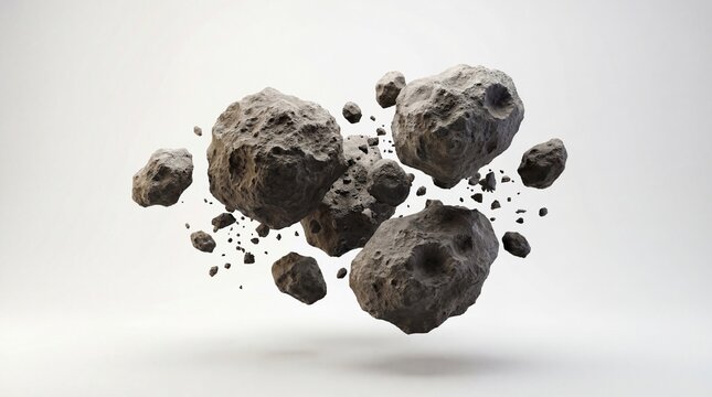 A cluster of realistic three dimensional rendered asteroids and space debris floating mysteriously against a clean bright white studio background symbolizing celestial danger or cosmic travel concepts
