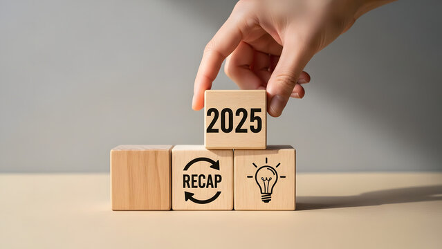 Hand placing 2025 block on wooden blocks with recap and lightbulb