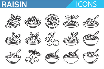 Raisin food icons set in outline style, dried grape snack symbols