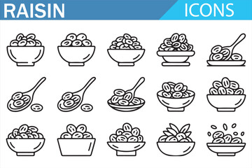 Raisin food icons grid in outline style, dried grape snack and ingredient symbols collection for nutrition, bakery, dessert, cooking recipes, packaging and food design