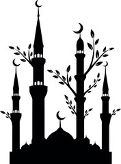 Islamic mosque minaret silhouette vector illustration isolated on transparent background