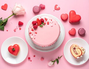 Valentine bakery branding background, pastel colors, flat lay props