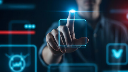 A person interacting with a futuristic digital interface with glowing blue lines and icons