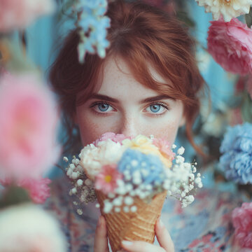 A young woman stands in a vibrant garden bursting with colorful flowers, holding a whimsical bouquet inside an ice cream cone. As the spring afternoon sun shines down, she playfully hides her face beh