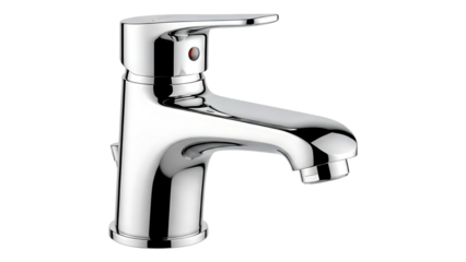 Modern chrome kitchen or bathroom faucet with sleek design and single handle control for water temperature and flow on transparent background