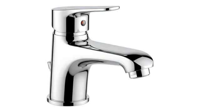 Modern chrome kitchen or bathroom faucet with sleek design and single handle control for water temperature and flow on transparent background - Powered by Adobe