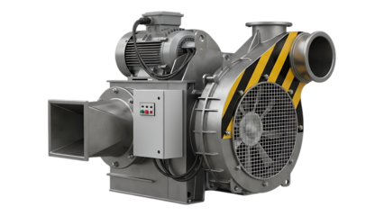 Industrial centrifugal blower fan machine with electric motor and control panel for heavy-duty applications and ventilation systems on transparent background