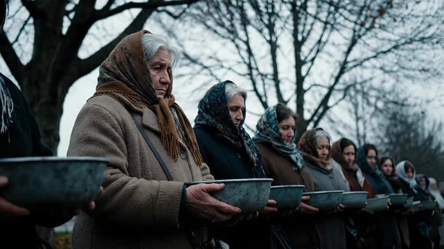 Women holding bowls wait in line for food distribution. Elderly woman with headscarf holds bowl outdoors. Line of women waiting with bowls. Humanitarian aid with women holding empty bowls in line.