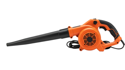 orange and black electric leaf blower with corded power source for gardening and yard cleanup on transparent background