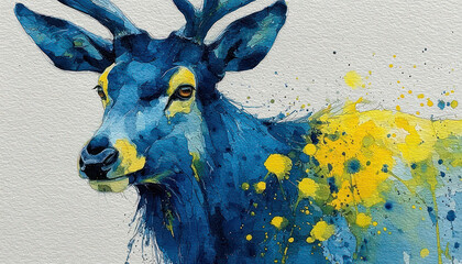 An expressive watercolor illustration of a deer, executed in rich blue and turquoise tones with vibrant yellow accents and a paint splatter effect. 