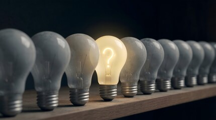Glowing light bulb with question mark filament standing out in a row