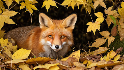 Ein neugieriger Rotfuchs schaut aus einem Versteck im herbstlichen Laub