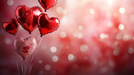 A cluster of heart-shaped balloons floating against a vibrant red background with bokeh lights