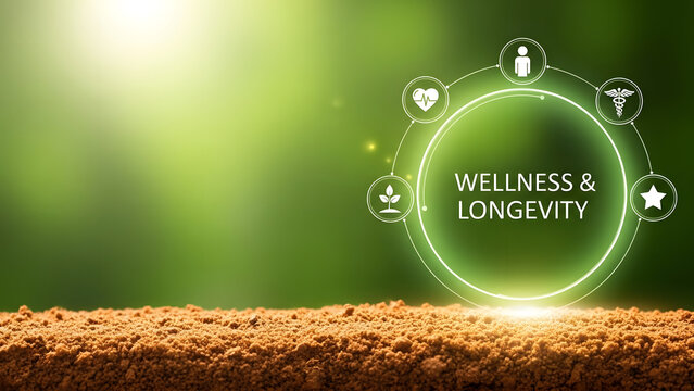 Wellness and Longevity Icons representing health and a vibrant life circle on a natural green background