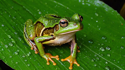 Ein gr&uuml;ner Laubfrosch sitzt auf einem gro&szlig;en Blatt mit Wassertropfen