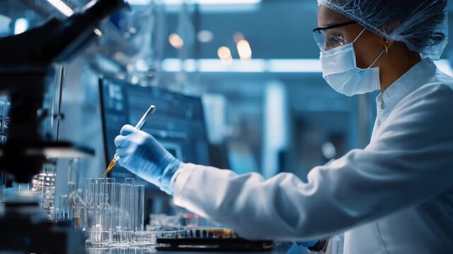 Medium shot of a scientist analyzing conductivity enhancements in nanoparticle coated electronics within a hightech laboratory environment.