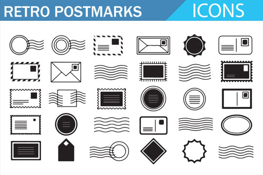 Vintage postal and postmark outline icons set for scrapbook design
