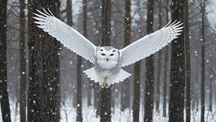 Eine wei&szlig;e Schnee-Eule fliegt mit weit ausgebreiteten Fl&uuml;geln direkt auf den Betrachter zu