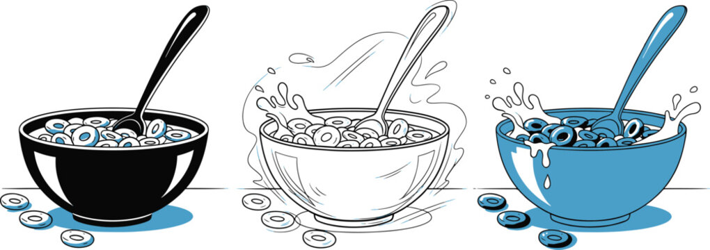 Cereal bowl splashing milk with cereal rings and spoon