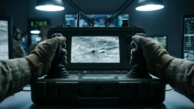 Military man operating a drone controller with thermal vision footage of a targets in a command center, for warfare and surveillance