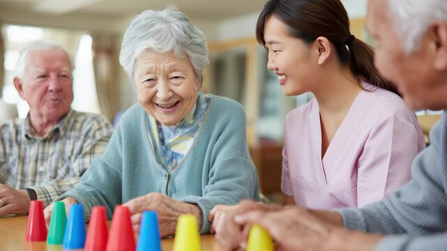 Asian nurse playing a colorful memory game with a group of happy seniors