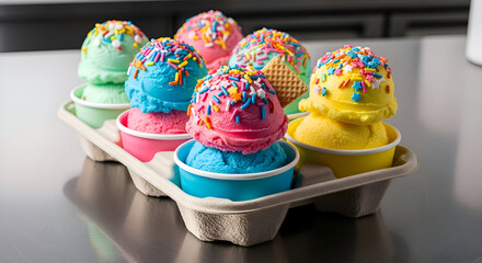 Assortment Of Colorful Ice Cream Scoops With Rainbow Sprinkles In Stylish Cups